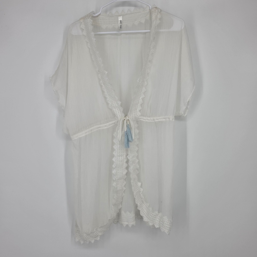 David's Bridal Robe Cover Up S/M White Boho Lace Tassel IH9191P110
